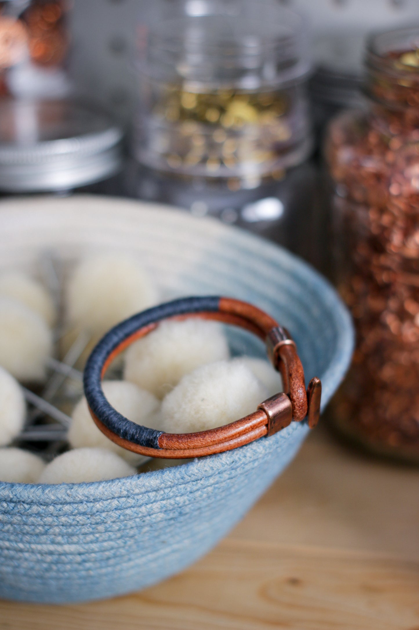 Leather Bracelet | Thread Wrap - INDIGO + COPPER