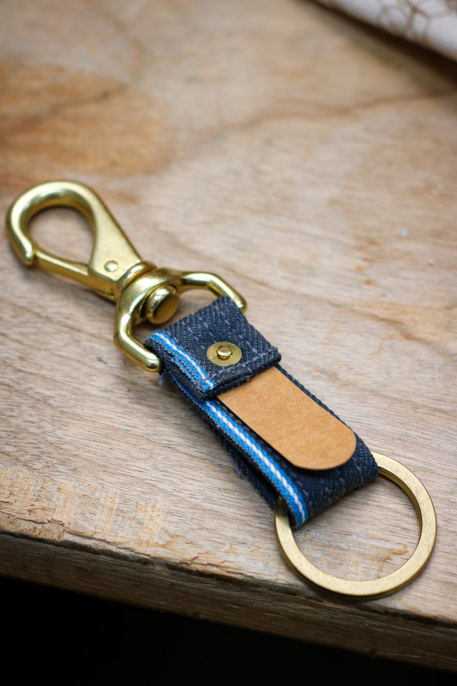 Selvedge Keyfob | Teal Selvedge + Grey Japanese Denim + Kraft Paper Tab