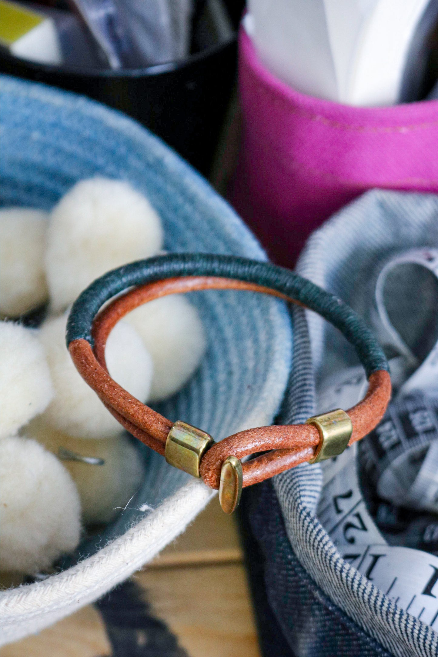 Leather Bracelet | Thread Wrap - TAN + GREEN + BRASS
