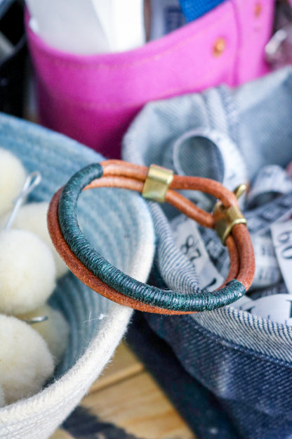 Leather Bracelet | Thread Wrap - TAN + GREEN + BRASS