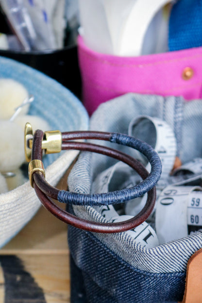 Leather Bracelet | Thread Wrap - BROWN + INDIGO + BRASS