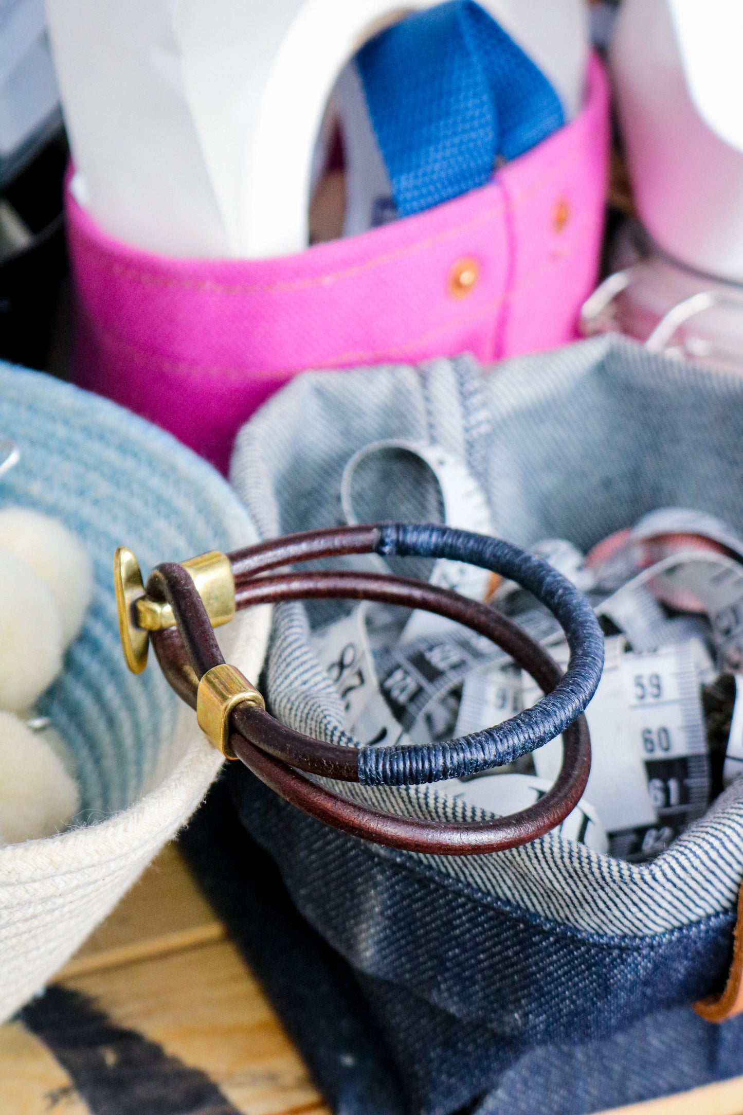 Leather Bracelet | Thread Wrap - BROWN + INDIGO + BRASS
