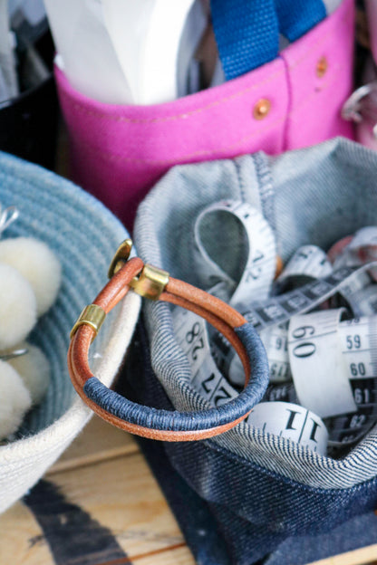 Leather Bracelet | Thread Wrap - TAN + INDIGO + BRASS