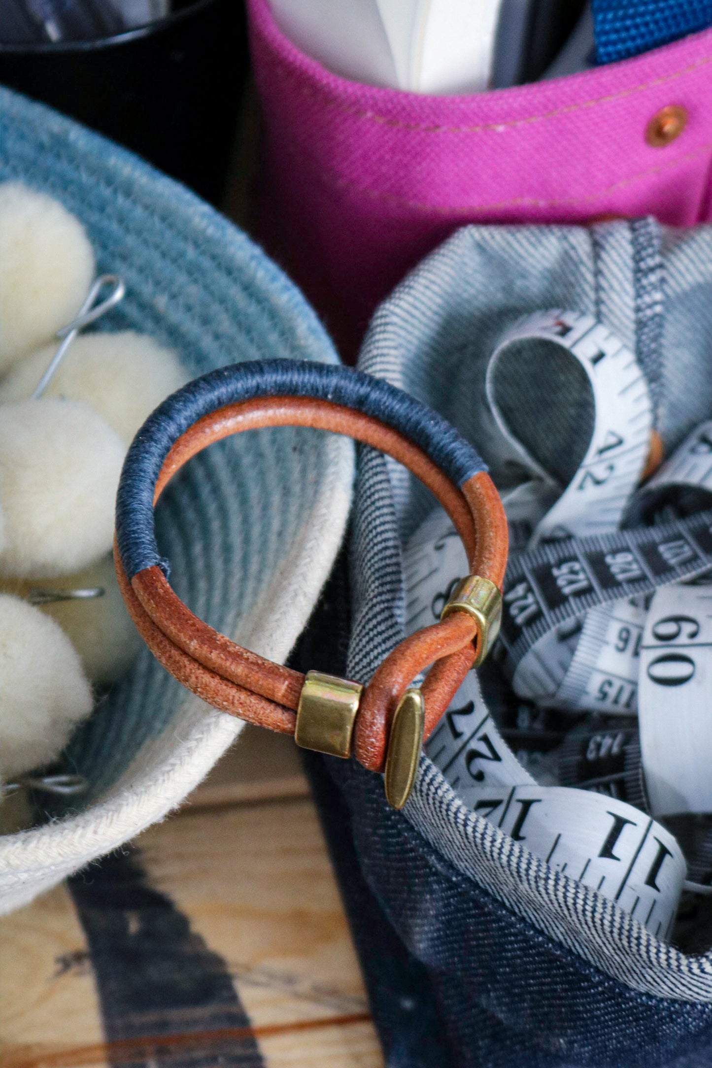 Leather Bracelet | Thread Wrap - TAN + INDIGO + BRASS