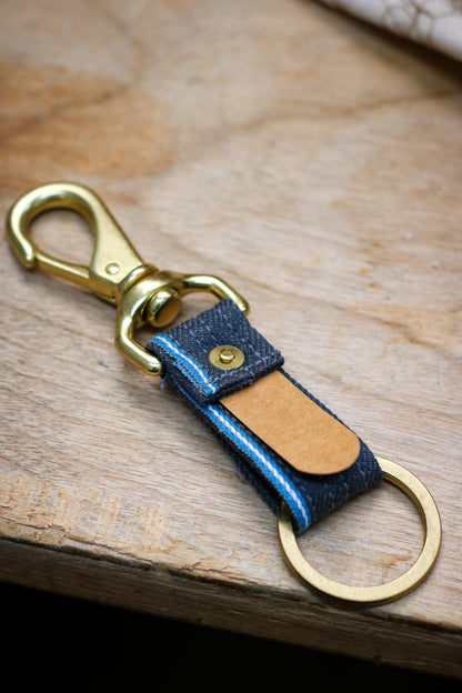 Selvedge Keyfob | Teal Selvedge + Grey Japanese Denim + Kraft Paper Tab
